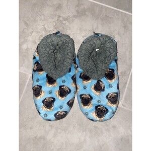 Comfies Womens PUG DOG Slippers BLUE Warm & Cozy / Non‎ Slip Bottoms